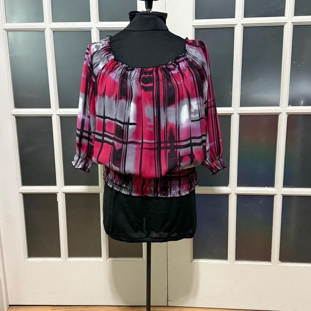 Y2K Nicola Pink & Black Off Shoulder Blouse Smocked Waist